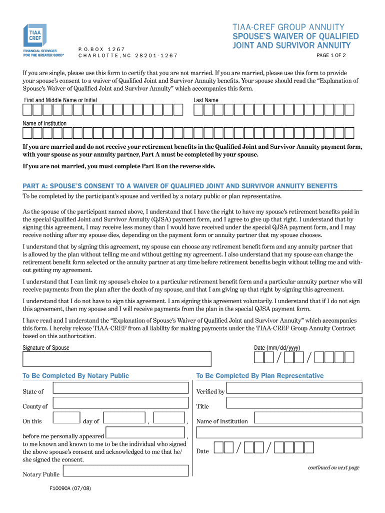 Tiaa Cref Group Annuity Spouse&#39;s Waiver of Qualified Joint and Survivor  Form