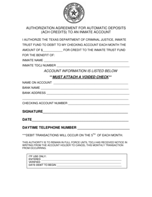 Authorization Agreement for Automatic Deposits Texas Department Tdcj State Tx  Form