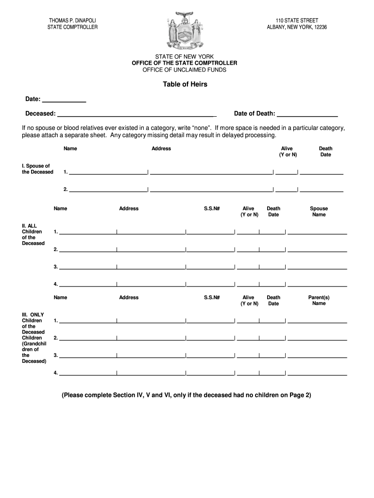 Nys Unclaimed Funds Table of Heirs  Form