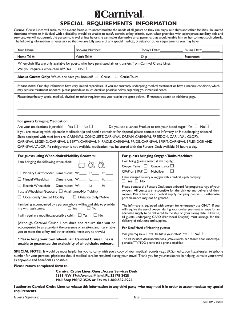  Special Requirements Information Form  Carnival Cruise Lines 2008