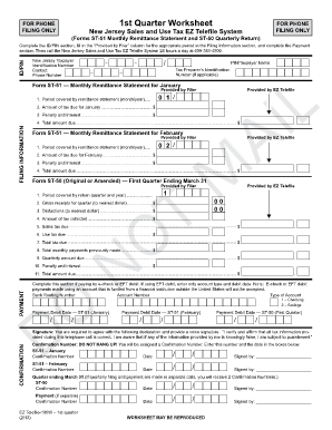1st Quarter Worksheet New Jersey Sales and Use Tax EZ Telefile System 1st Quarter Worksheet New Jersey Sales and Use Tax EZ Tele  Form