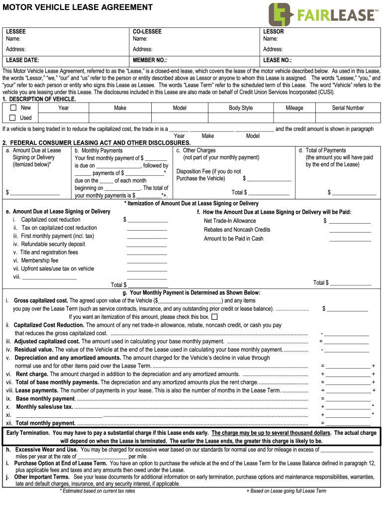 Vehicle Lease Agreement  Form