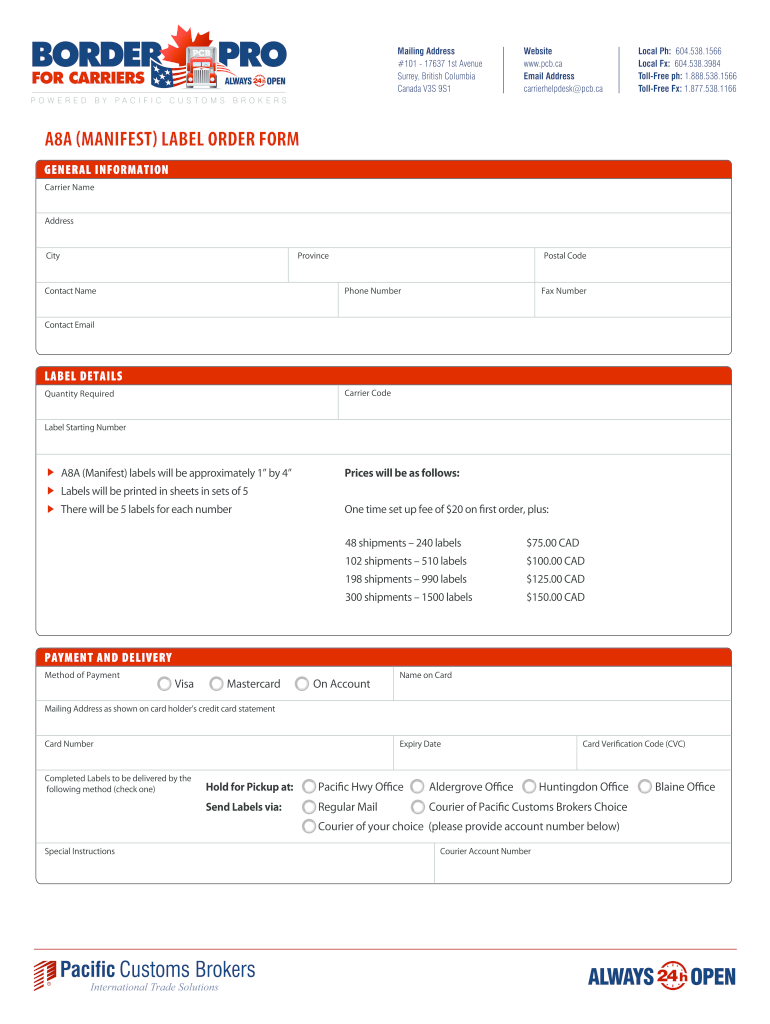 A8A MANIFEST? LABEL ORDER FORM  Cdn Pacificgroup