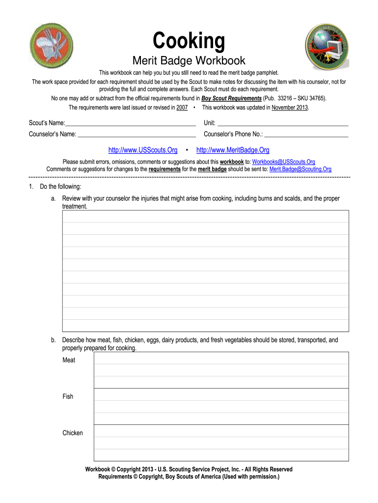 Cooking Merit Badge Worksheet  Form