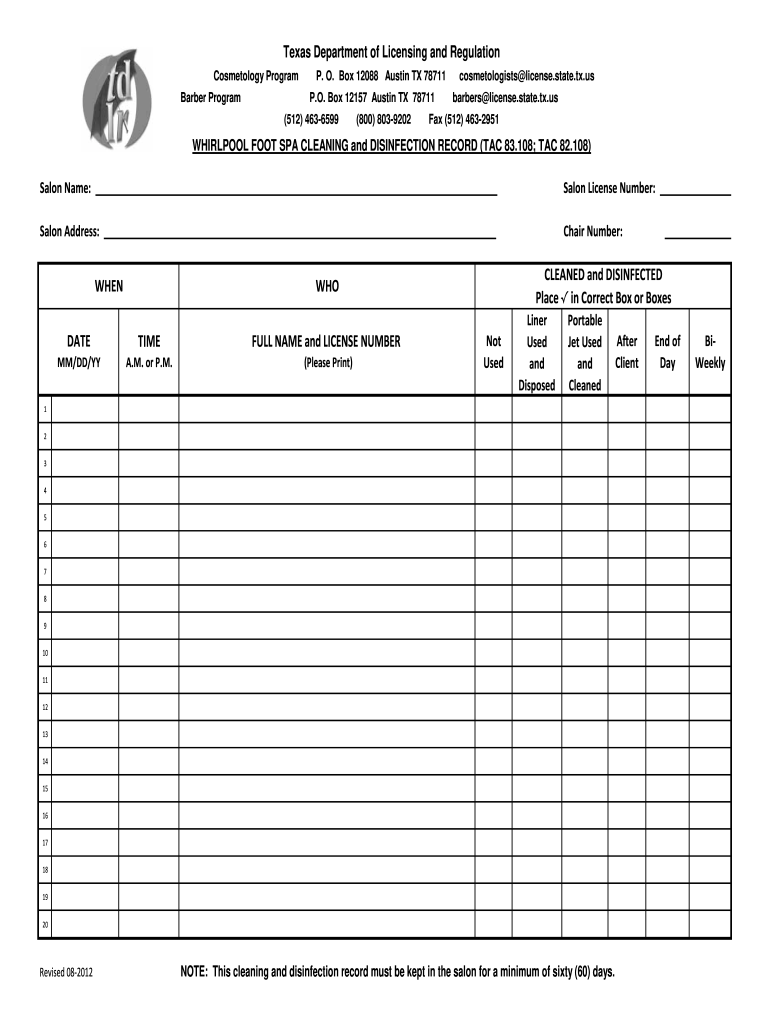 Whirlpool Foot Spa Cleaning and Disinfection Record  Form