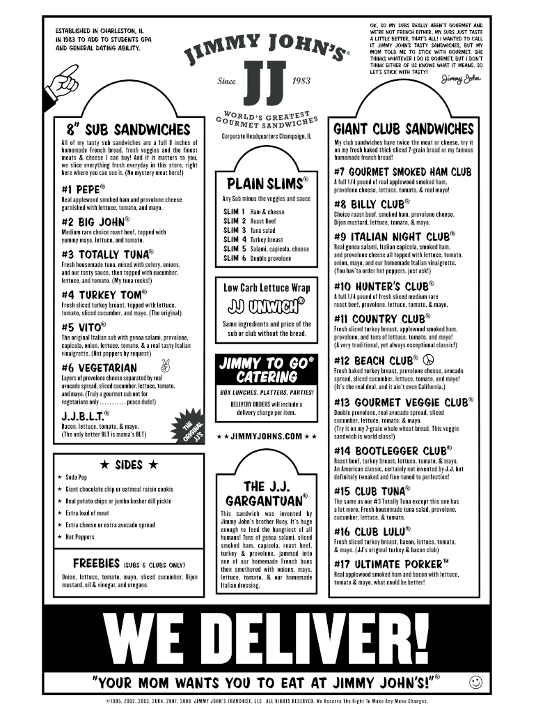 Get and Sign Jimmy Johns Printable Menu  Form