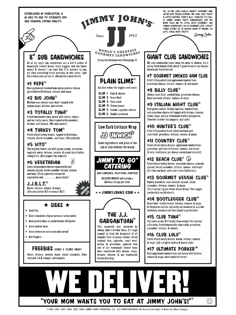 Jimmy Johns Printable Menu  Form