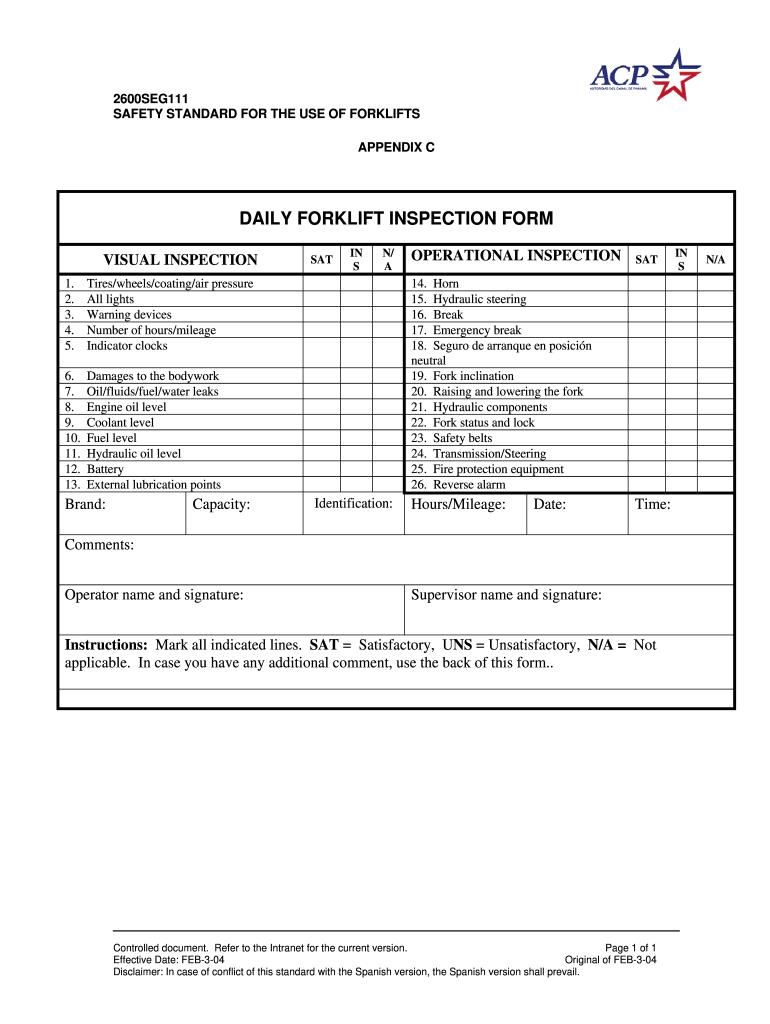  Weekly Forklift Inspection Checklist Template 2004-2024