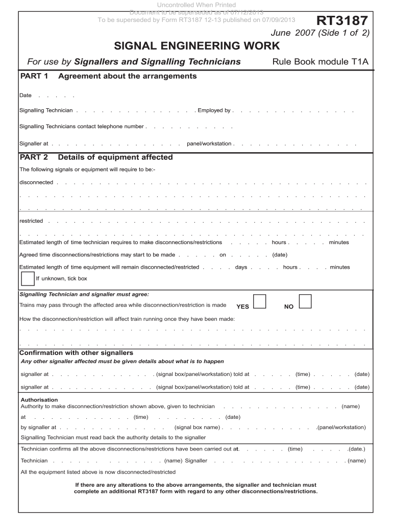  Uncontrolled When Printed Document to Be Superseded as of 0712 to Be Superseded by Form RT3187 12 13 Published on 0709 RT3187 Ju 2007