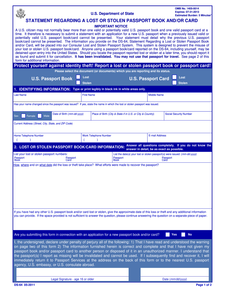 Get and Sign PDF Statement Regarding a Lost or Stolen Passport Book Andor Card Us Travel State 2018-2022 Form