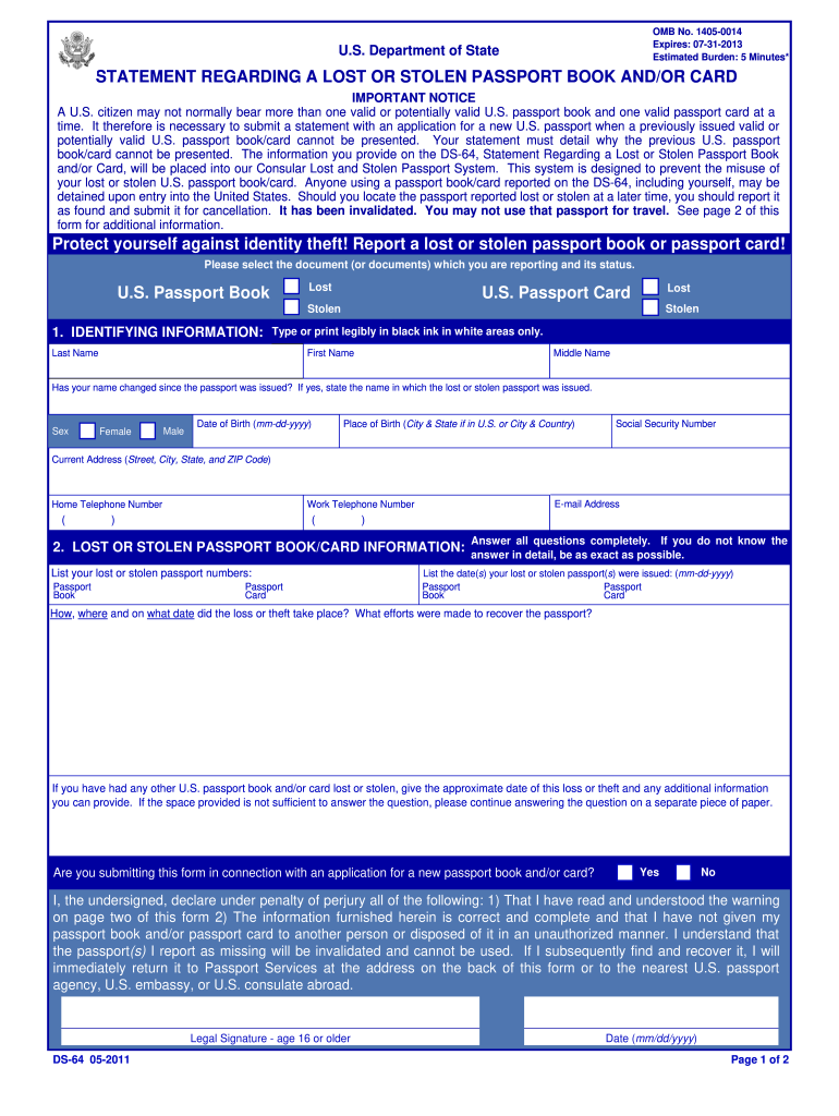  PDF Statement Regarding a Lost or Stolen Passport Book Andor Card Us Travel State 2018