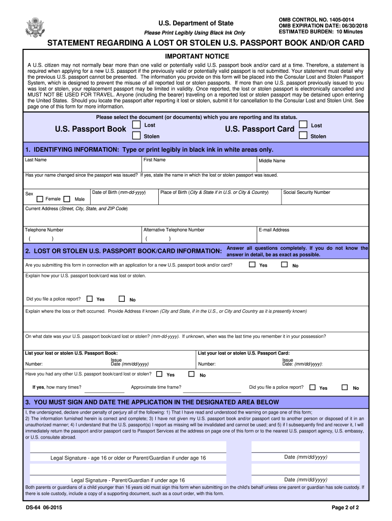 Passport Lost or Stolen 64 Form Fill Out PDF Filler