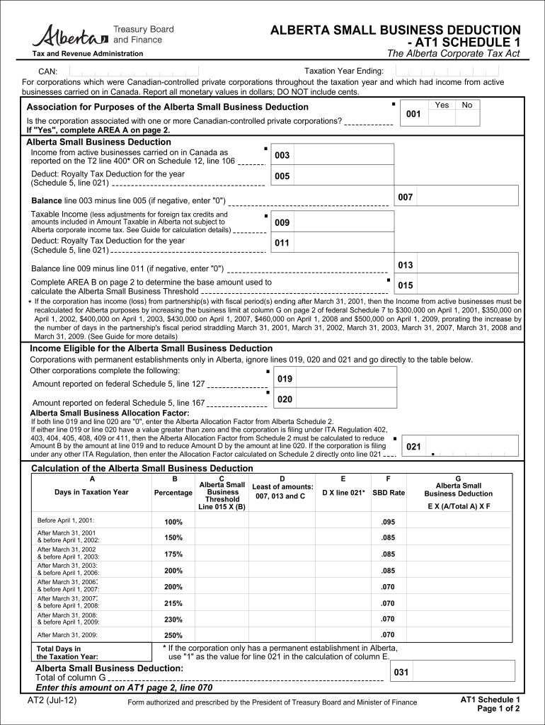  Alberta Small Business Deduction  At1 Schedule 1  Alberta Finance    Finance Alberta 2012