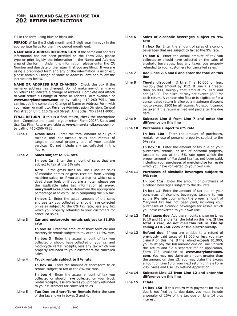 Maryland Form 202 Sales and Use Tax