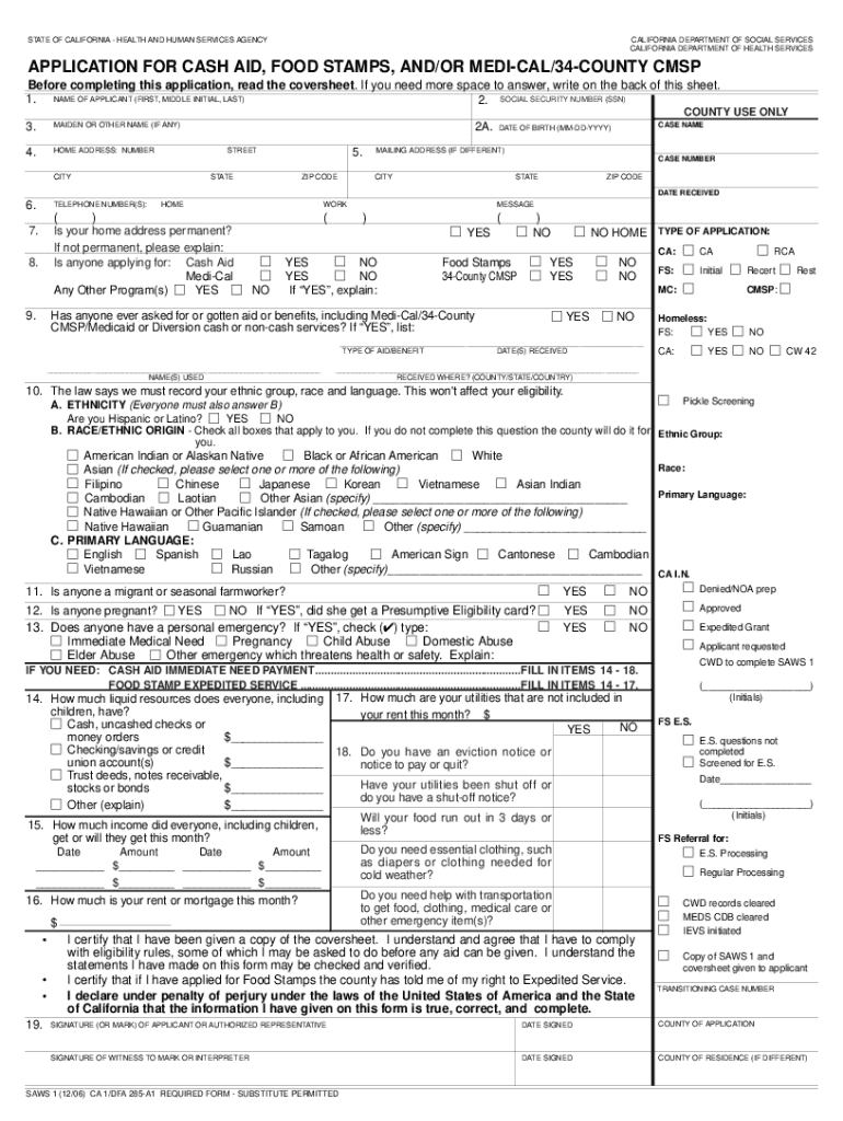 Application for Cash Aid, Food Stamps, Andor California Cdph Ca  Form