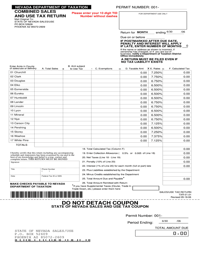  PERMIT NUMBER 001 NEVADA DEPARTMENT of TAXATION COMBINED SALES and USE TAX RETURN Please Enter Your 10 Digit TID Number Without  2016