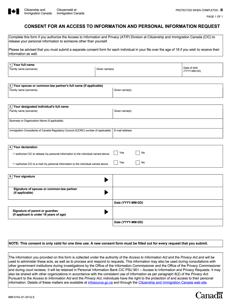  IMM 5744E Consent for an Access to Information and Personal 2018