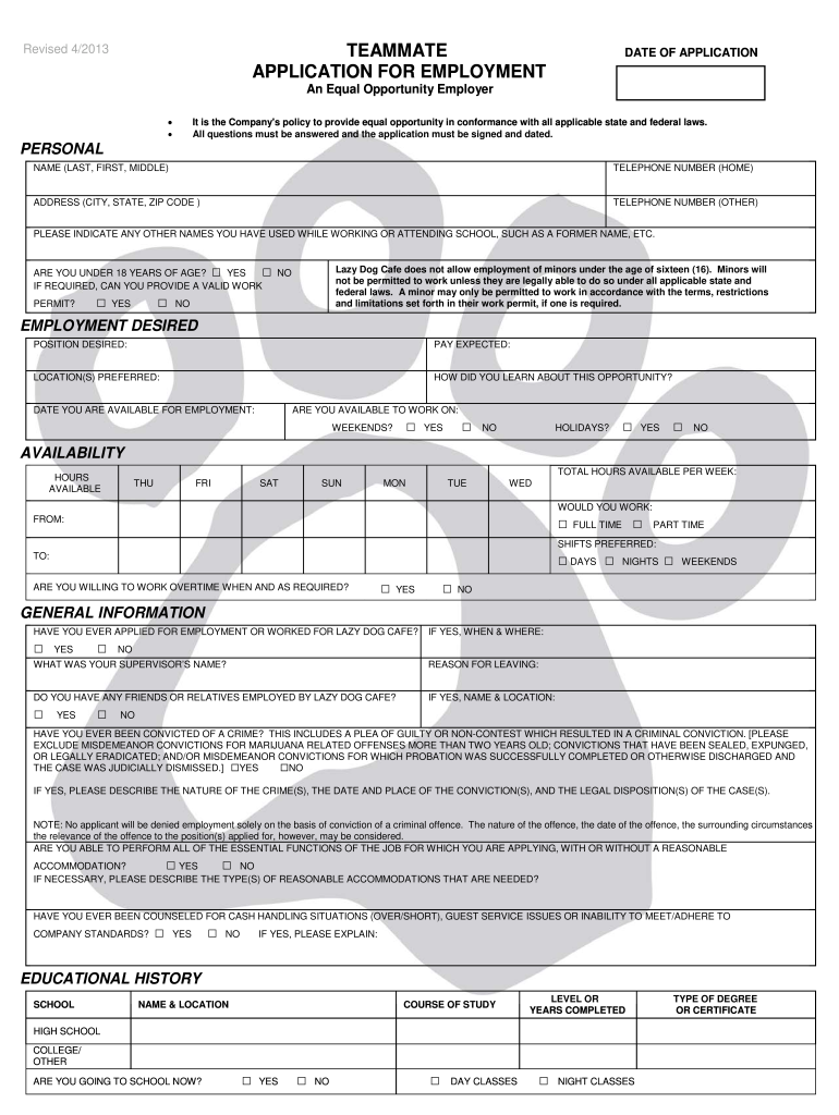 Get and Sign Lazy Dog Application 2013-2022 Form