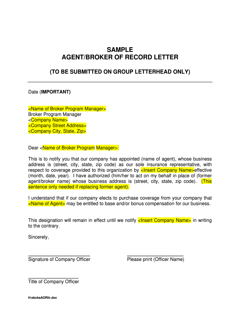 Agent of Record Letter Sample  Form