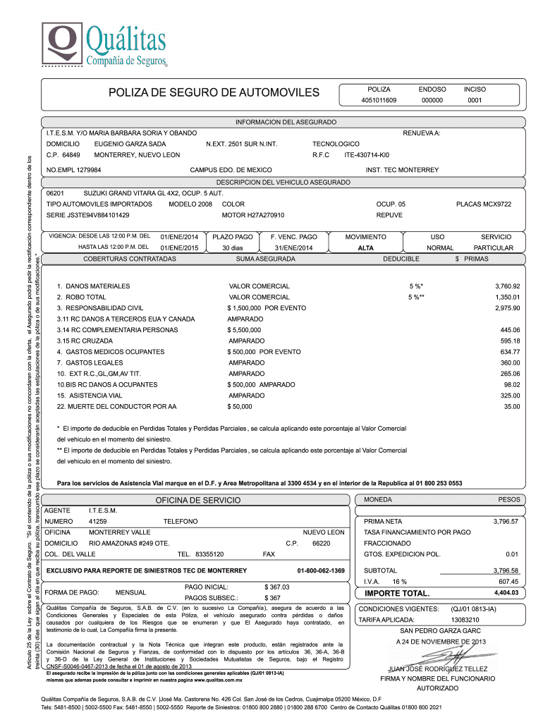 POLIZA DE SEGURO DE AUTOMOVILES  Form