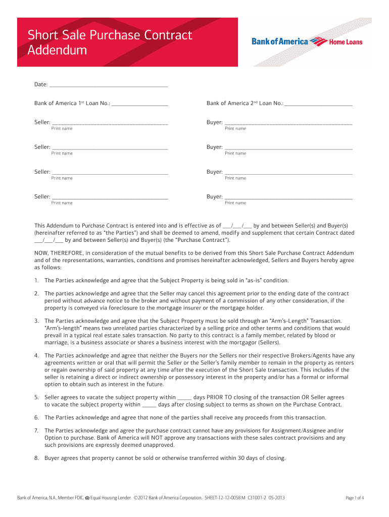 Bank of America Short Sale Addendum  Form