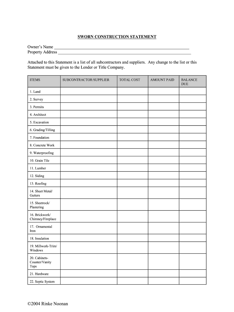 Sworn Construction Statement  Form