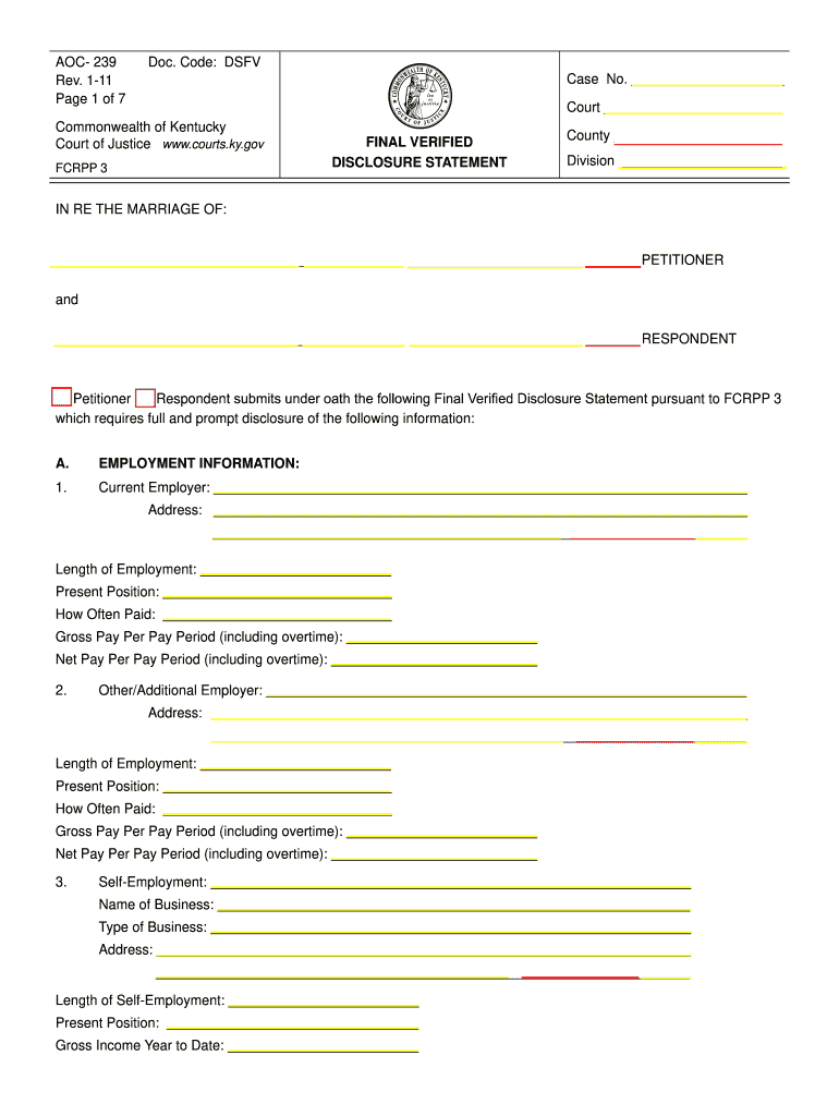 Final Verified Disclosure Statement  Kentucky Court of Justice  Courts Ky  Form