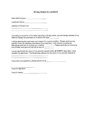 30 Day Notice to Landlord  Form