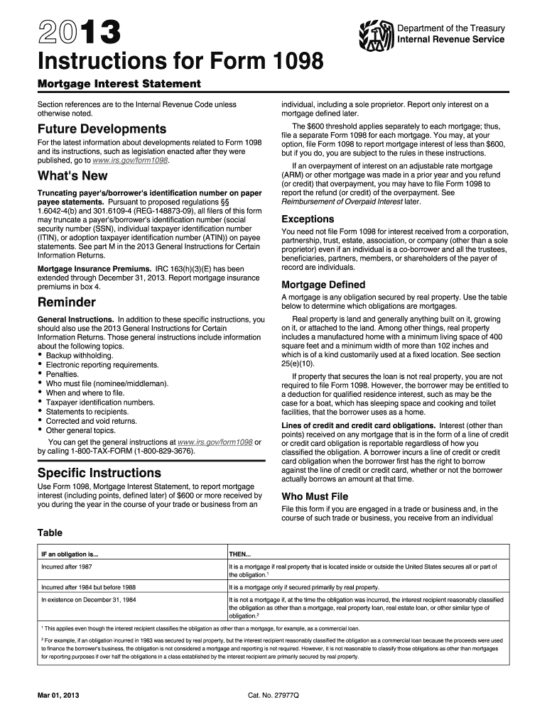  Irs Form 1098 Mortgage Interest Statement 2013