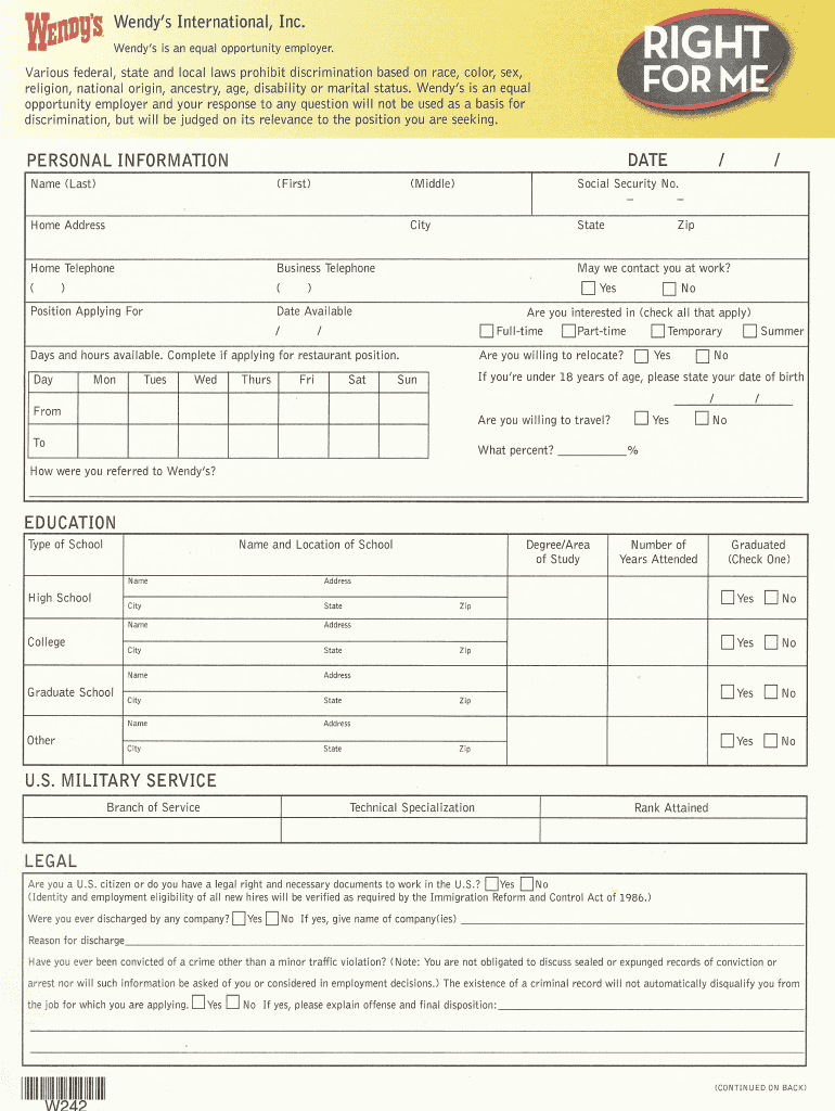 Get and Sign Wendy's Application PDF 2008-2022 Form