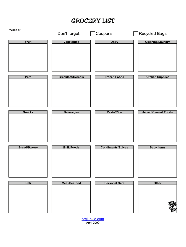 Get and Sign Grocery List Template Printable 2009-2022 Form
