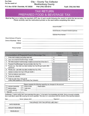 Prepared Food and Beverage Tax Return Charlotte Mecklenburg Charmeck  Form