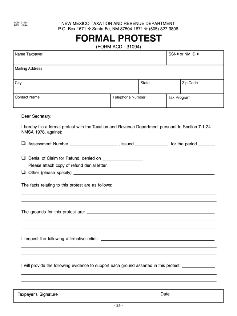  Form ACD 31094 Taxation and Revenue Department Tax Newmexico 2019-2024