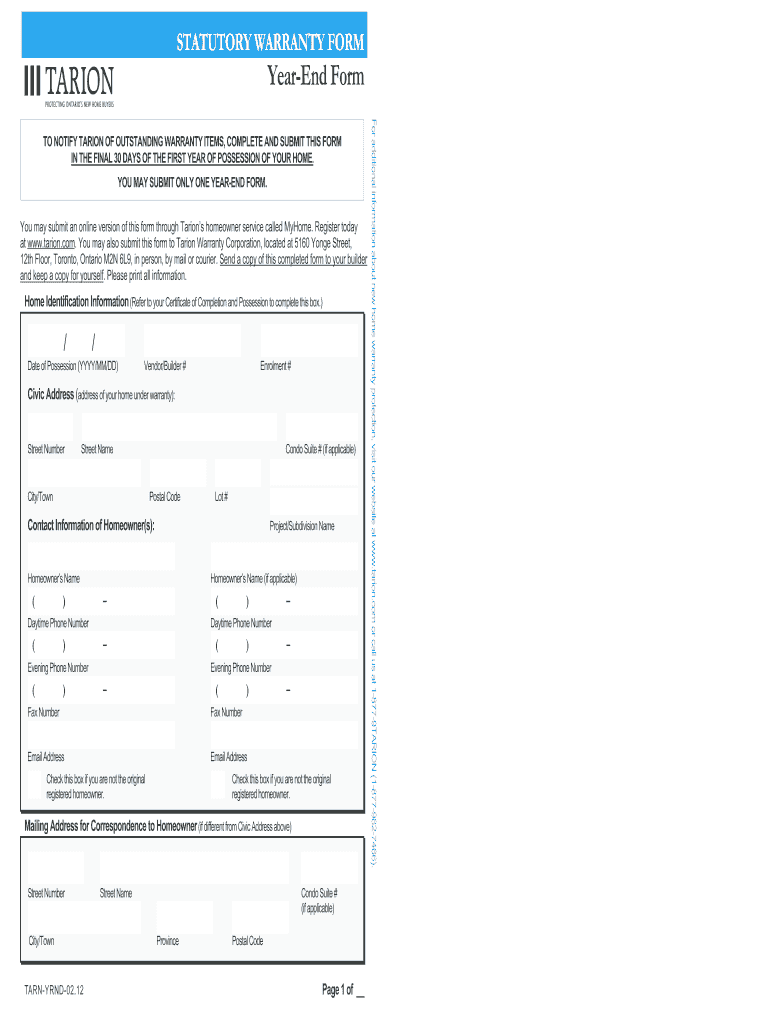 Year End Form  TARN YRND 0402  Setup  Feb  Tarion 2012-2024