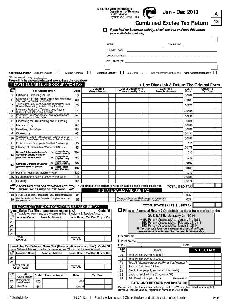  Combined Excise Tax  Form 2013