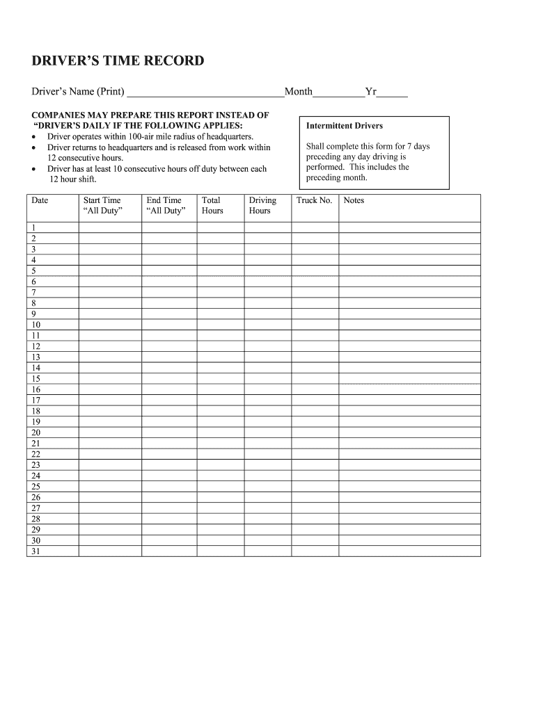 Fmcsa Driver's Time Record Form