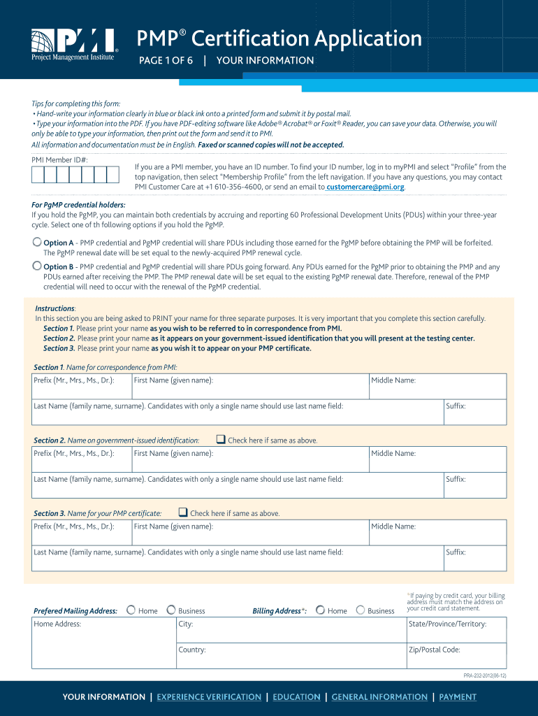 PMP Certification Application  Project Management Institute  Pmi  Form