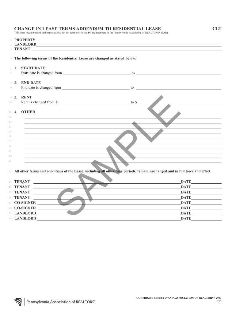 Change in Lease Terms Addendum to Residential Lease  Form
