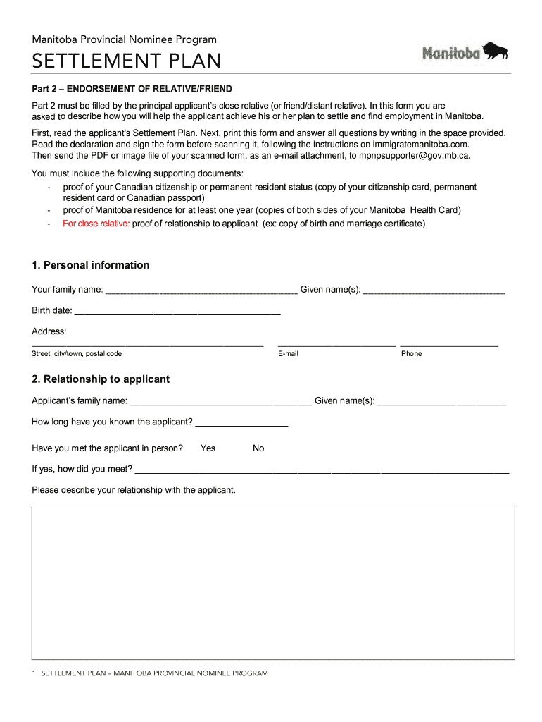 Mpnp Settlement Plan Part 1 Sample Answers  Form