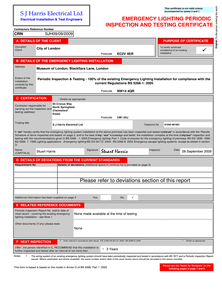 Emergency Lighting Certificate  Form