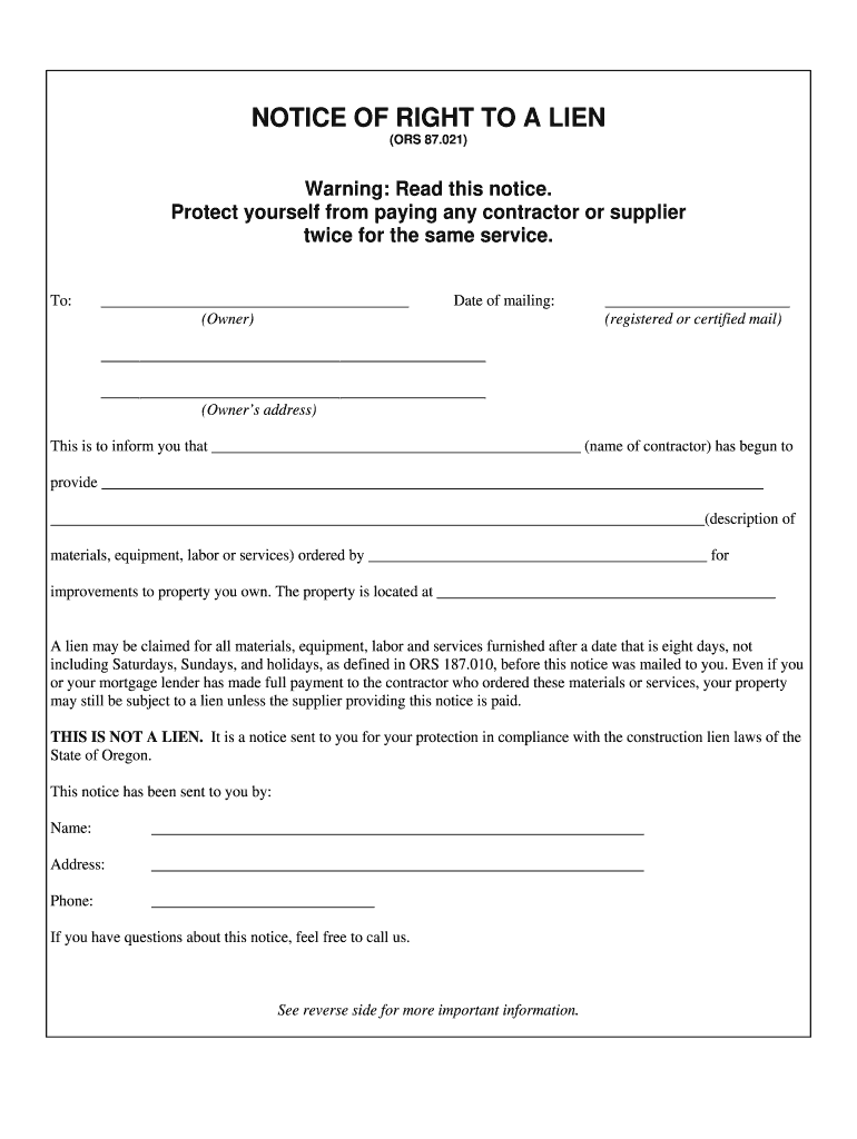  Notice of Right to a Lien  Construction Contractors Board  Oregon Gov  Ccbed Ccb State or 2008