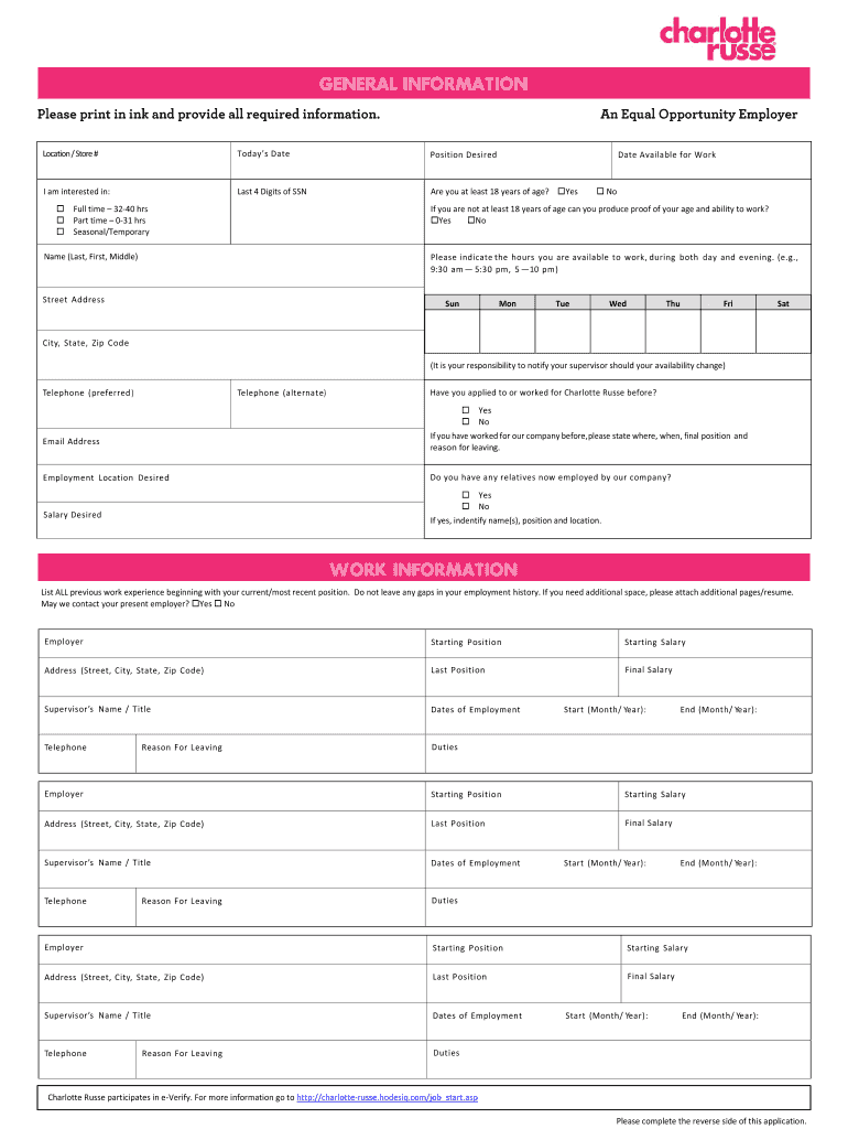 Charlotte Russe Application PDF  Form