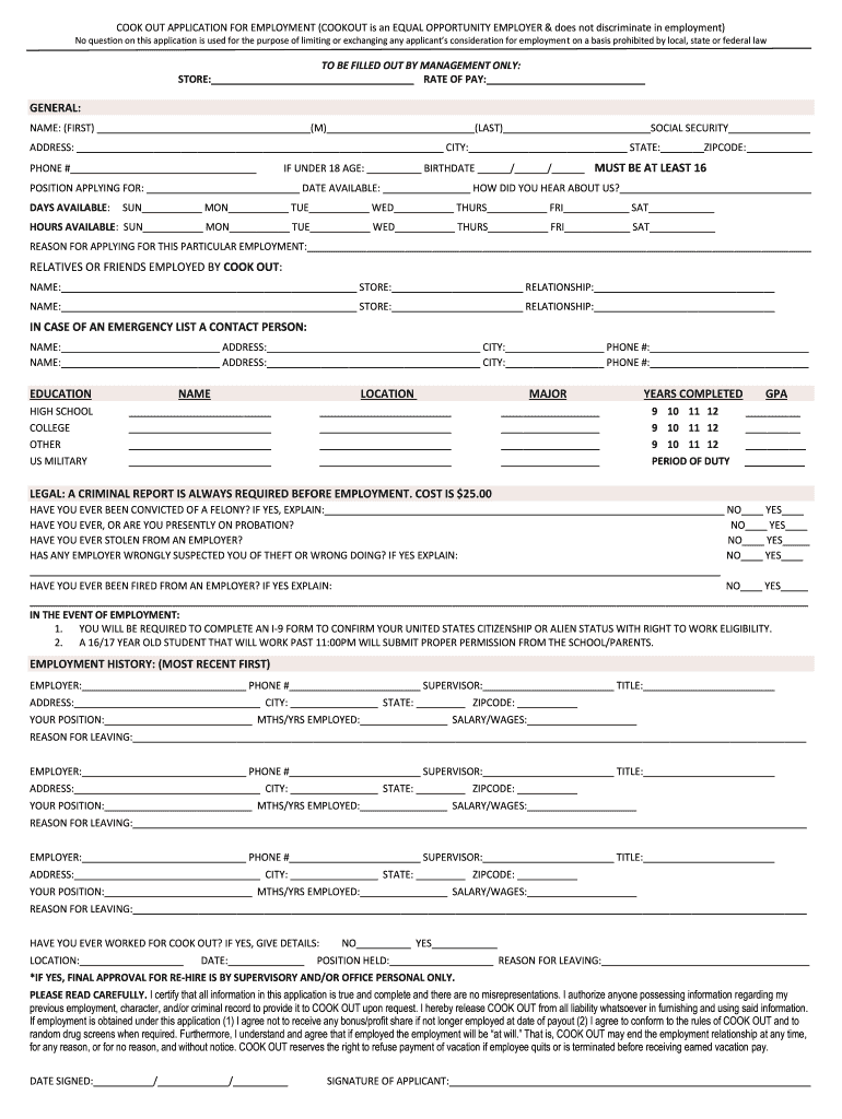 Cookout Application  Form