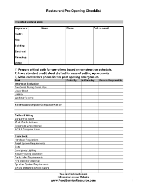 New Restaurant Pre Opening Checklist Excel  Form