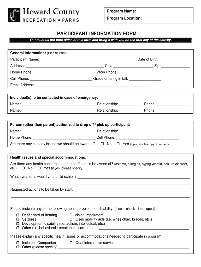 Get and Sign Participant Form Howard County