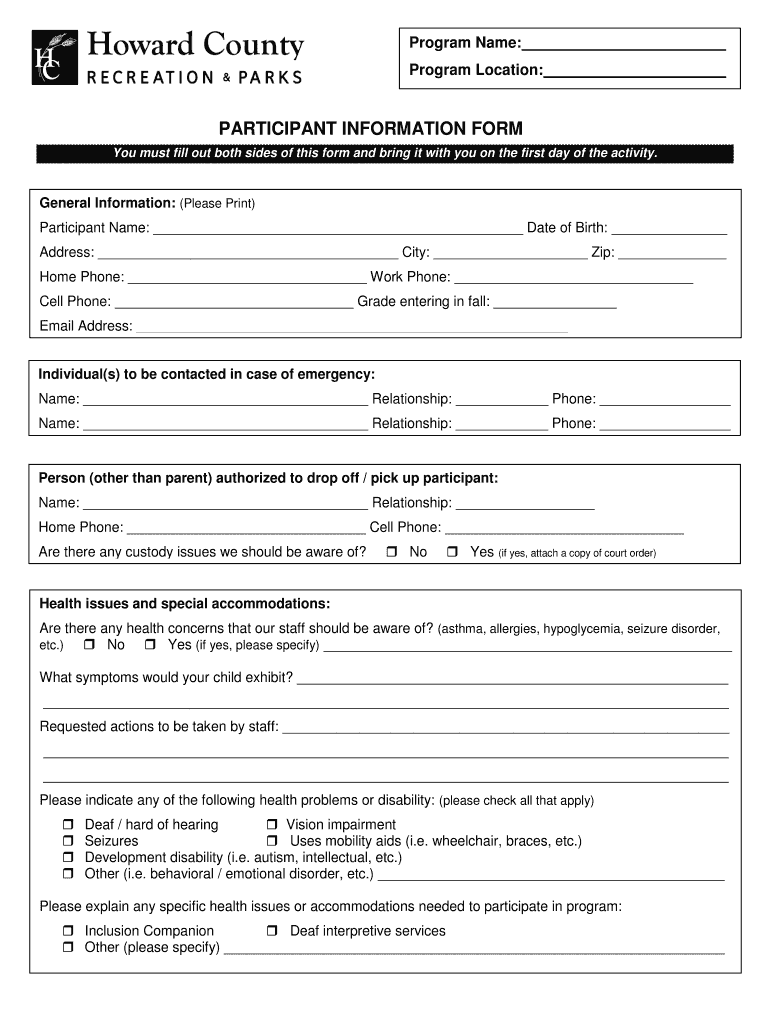 Participant Form Howard County