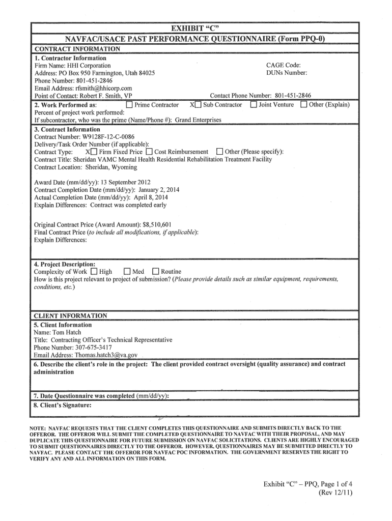 Fillable Navfac Usace Past Performance Questionnaire Form Ppq 0