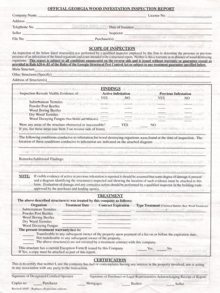 Official Georgia Wood Infestation Inspection Report  Form