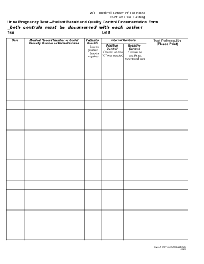 Printable Control Logs for Urine Pregnancy  Form