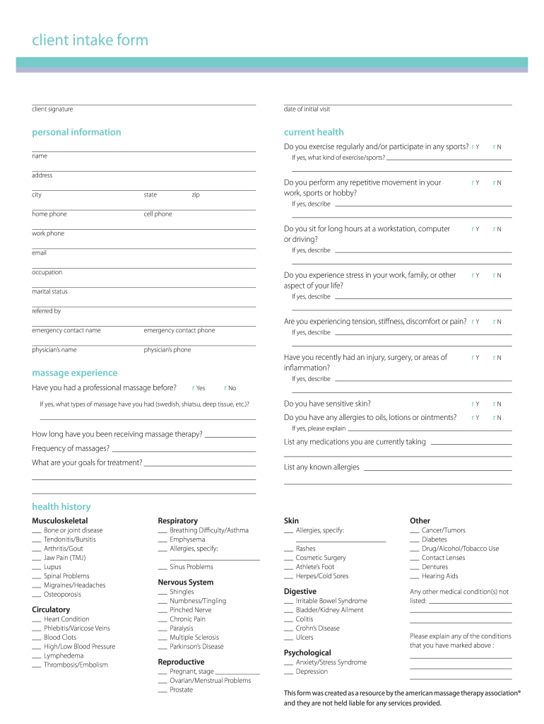 Client Intake Form Health